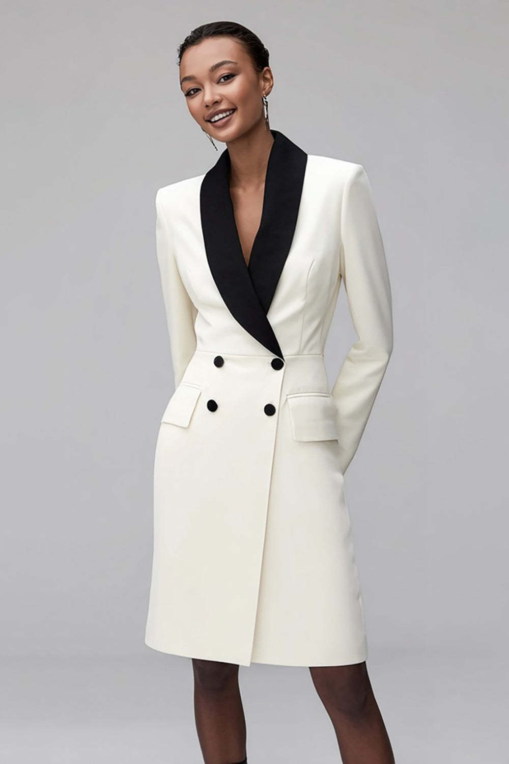 Leely Women Ivory Black Pencil Shawl Lapel Short Blazer Dress Long Sleeves Double Breasted Work Dress