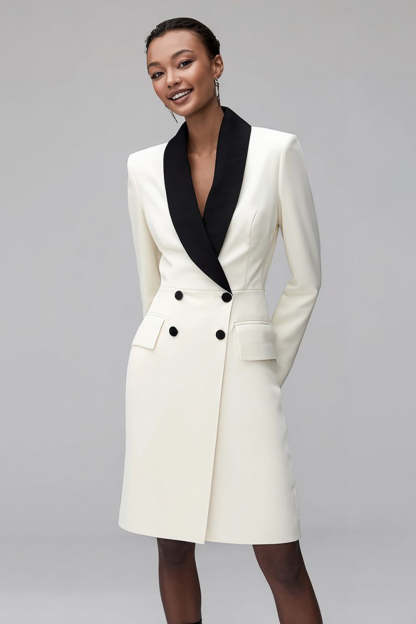 Leely Women Ivory Black Pencil Shawl Lapel Short Blazer Dress Long Sleeves Double Breasted Work Dress