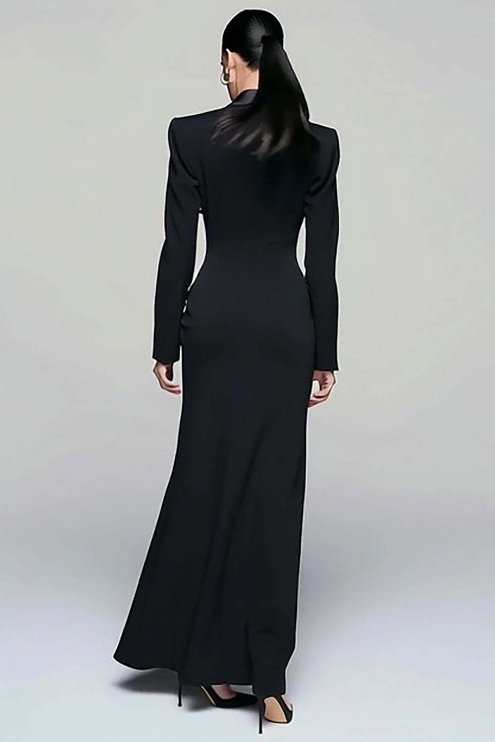 Black Peak Lapel Pencil Double Breasted Long Blazer Dress with Sleeves