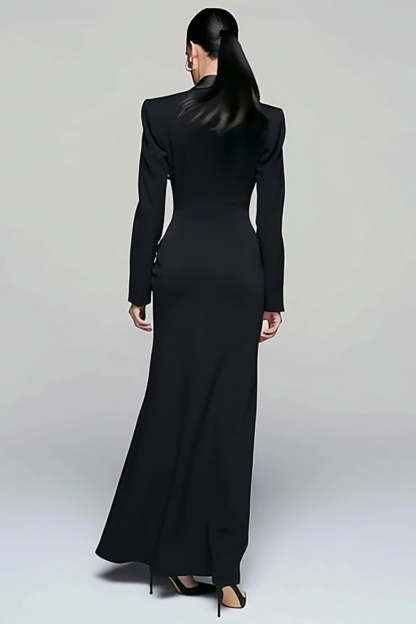 Black Peak Lapel Pencil Double Breasted Long Blazer Dress with Sleeves