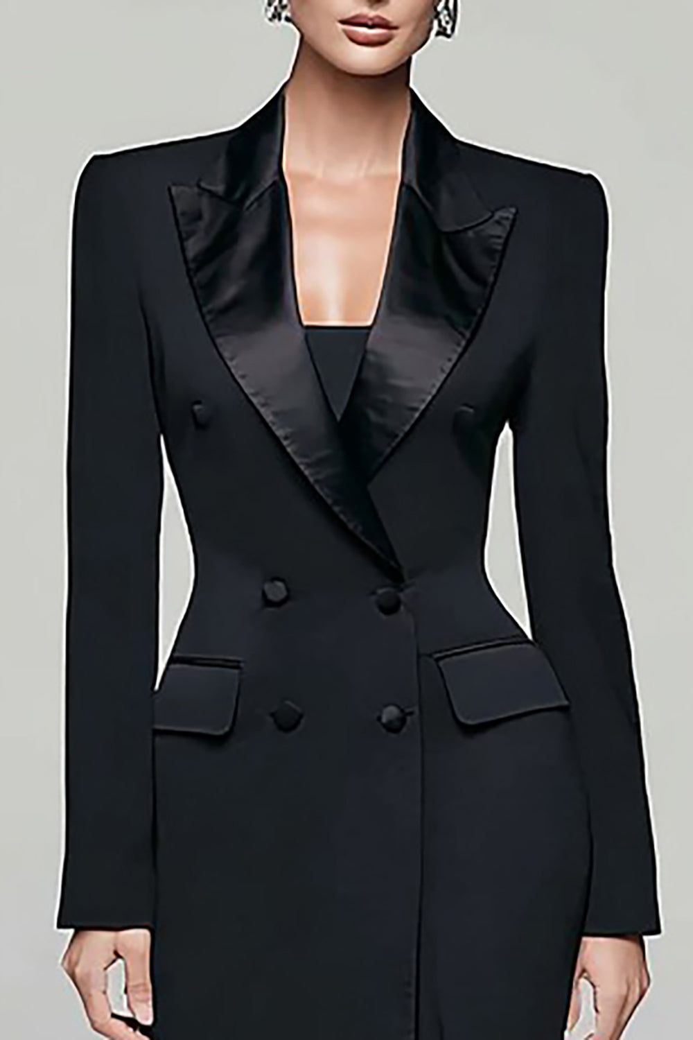 Black Peak Lapel Pencil Double Breasted Long Blazer Dress with Sleeves