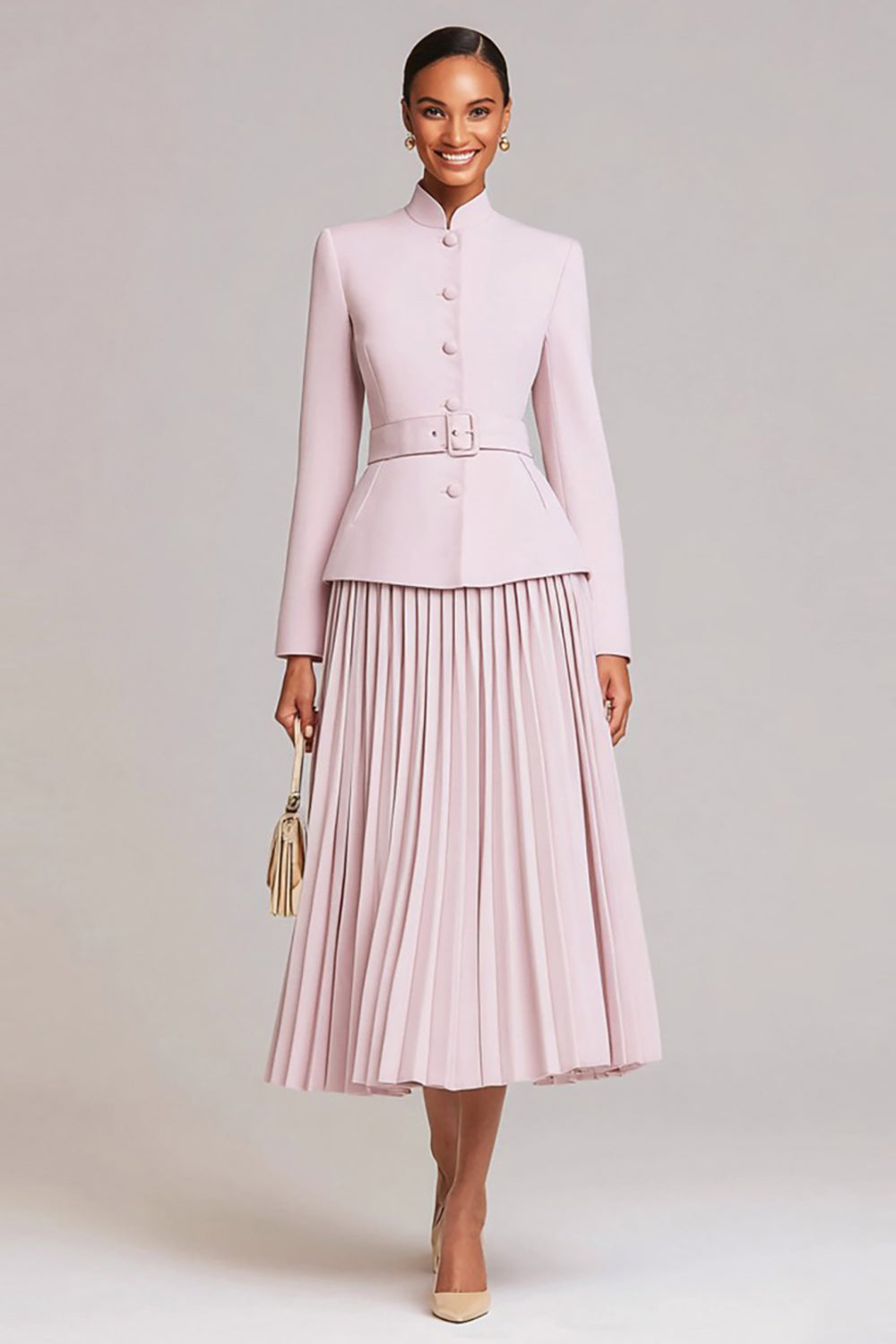 Light Pink Pleated 2 Piece High Neck Business Suits with Belt