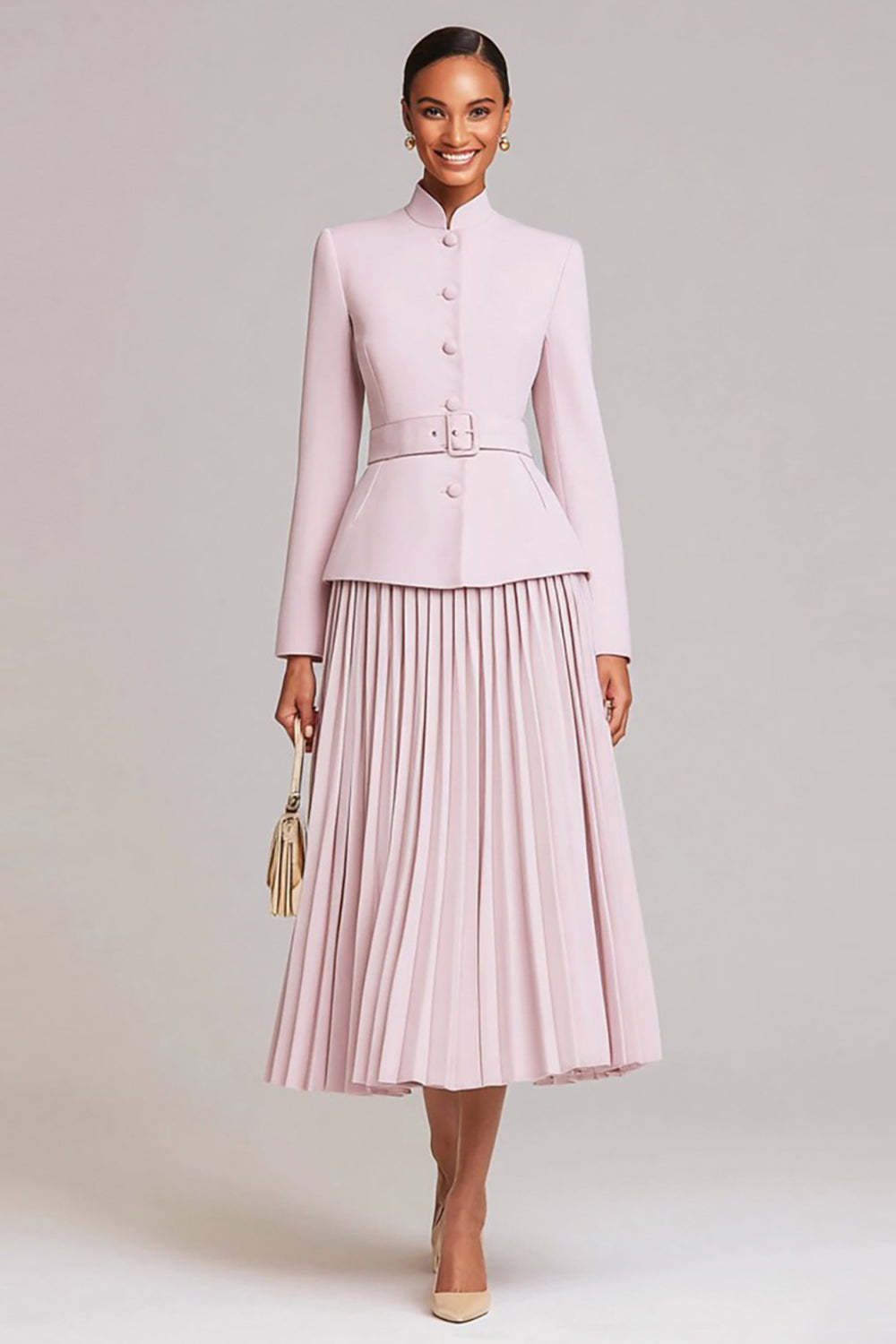 Leely Women Light Pink Pleated Long 2 Piece Business Suits with Belt High Neck A Line Dress Suits with Buttons