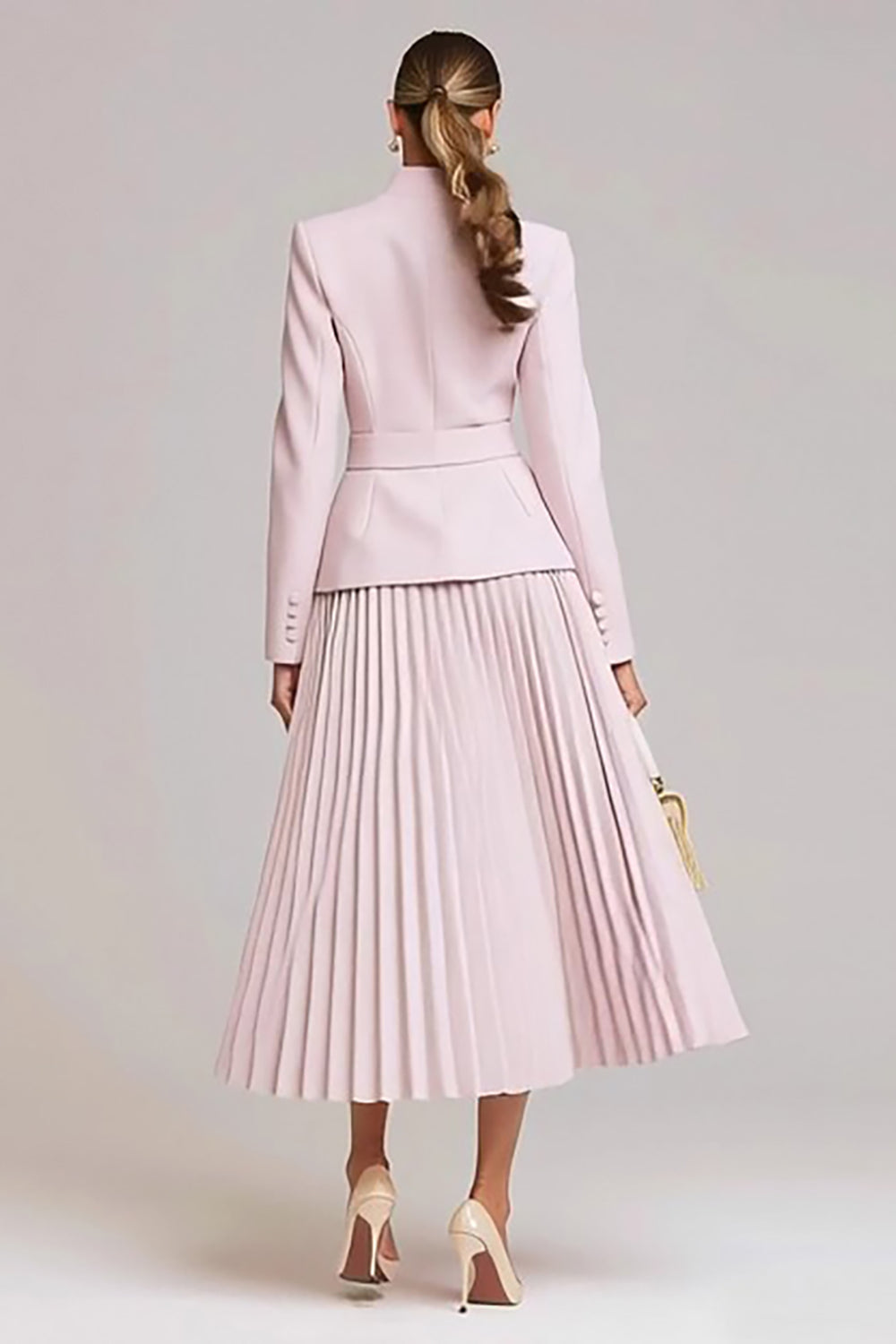 Light Pink Pleated 2 Piece High Neck Business Suits with Belt