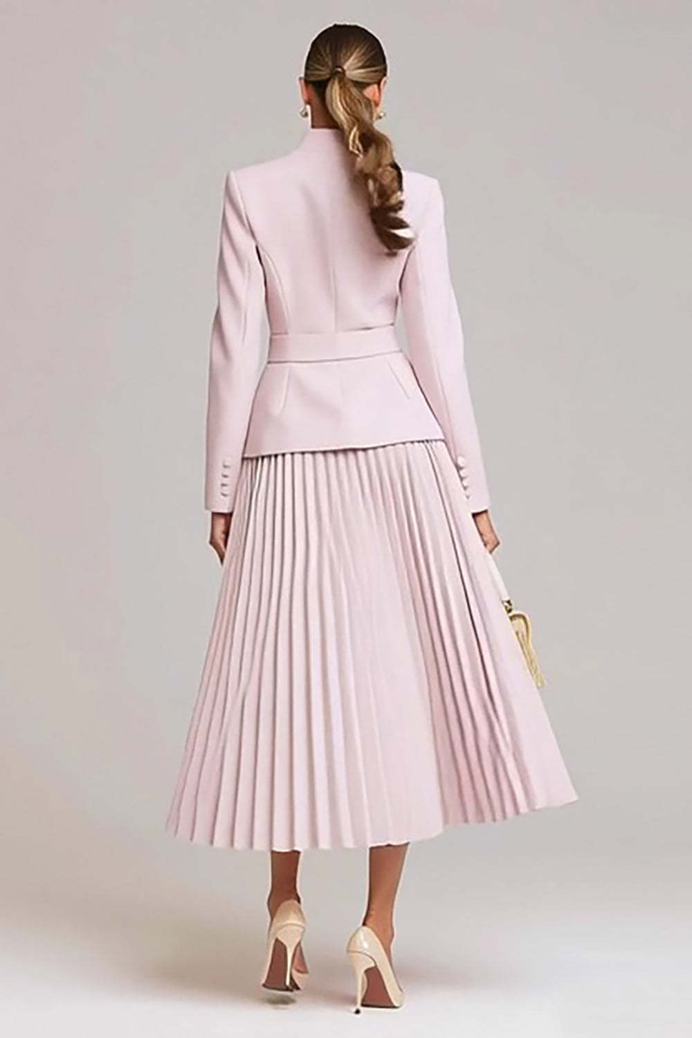 Light Pink Pleated 2 Piece High Neck Business Suits with Belt