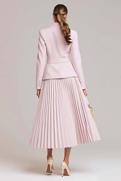 Light Pink Pleated 2 Piece High Neck Business Suits with Belt