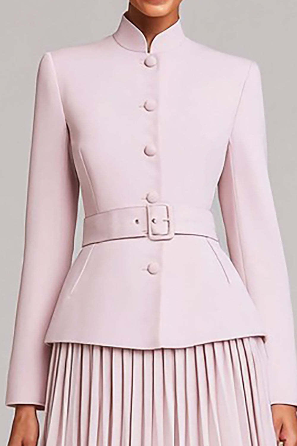 Light Pink Pleated 2 Piece High Neck Business Suits with Belt