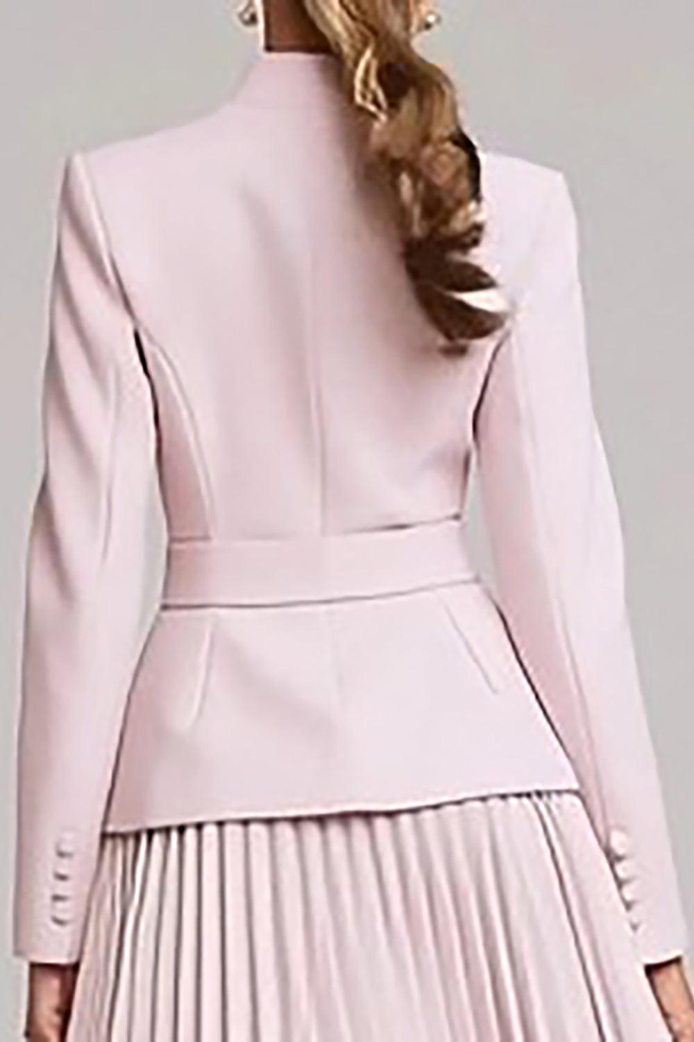 Light Pink Pleated 2 Piece High Neck Business Suits with Belt