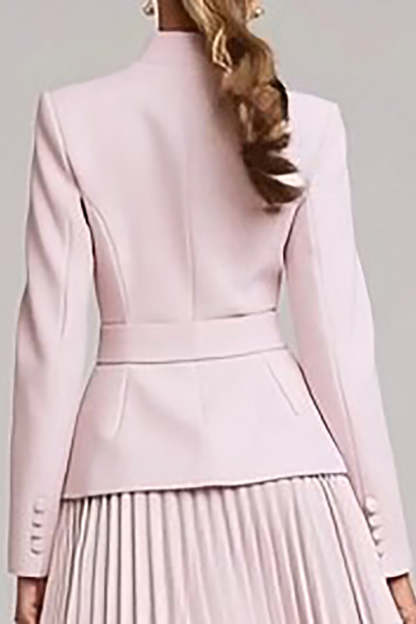 Light Pink Pleated 2 Piece High Neck Business Suits with Belt