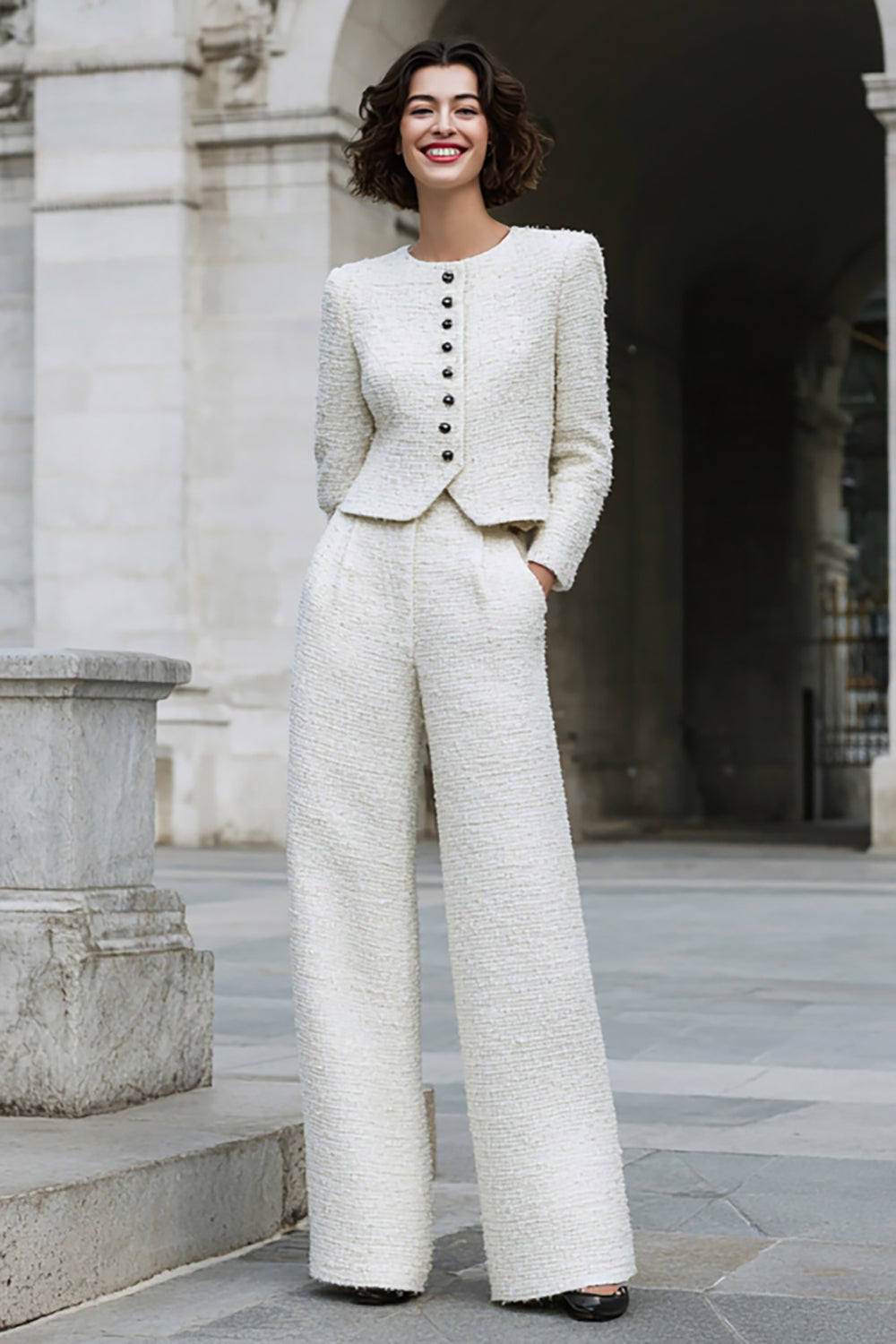 Leely Women Ivory 2 Piece Tweed Women Suits with Pockets Long Sleeves Single Breasted Round Neck Business Suits