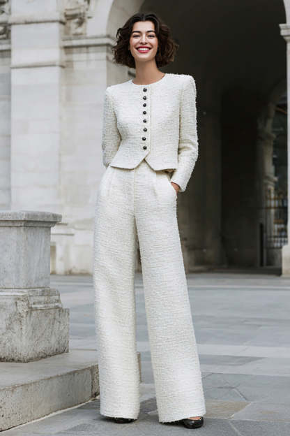 Leely Women Ivory 2 Piece Tweed Women Suits with Pockets Long Sleeves Single Breasted Round Neck Business Suits