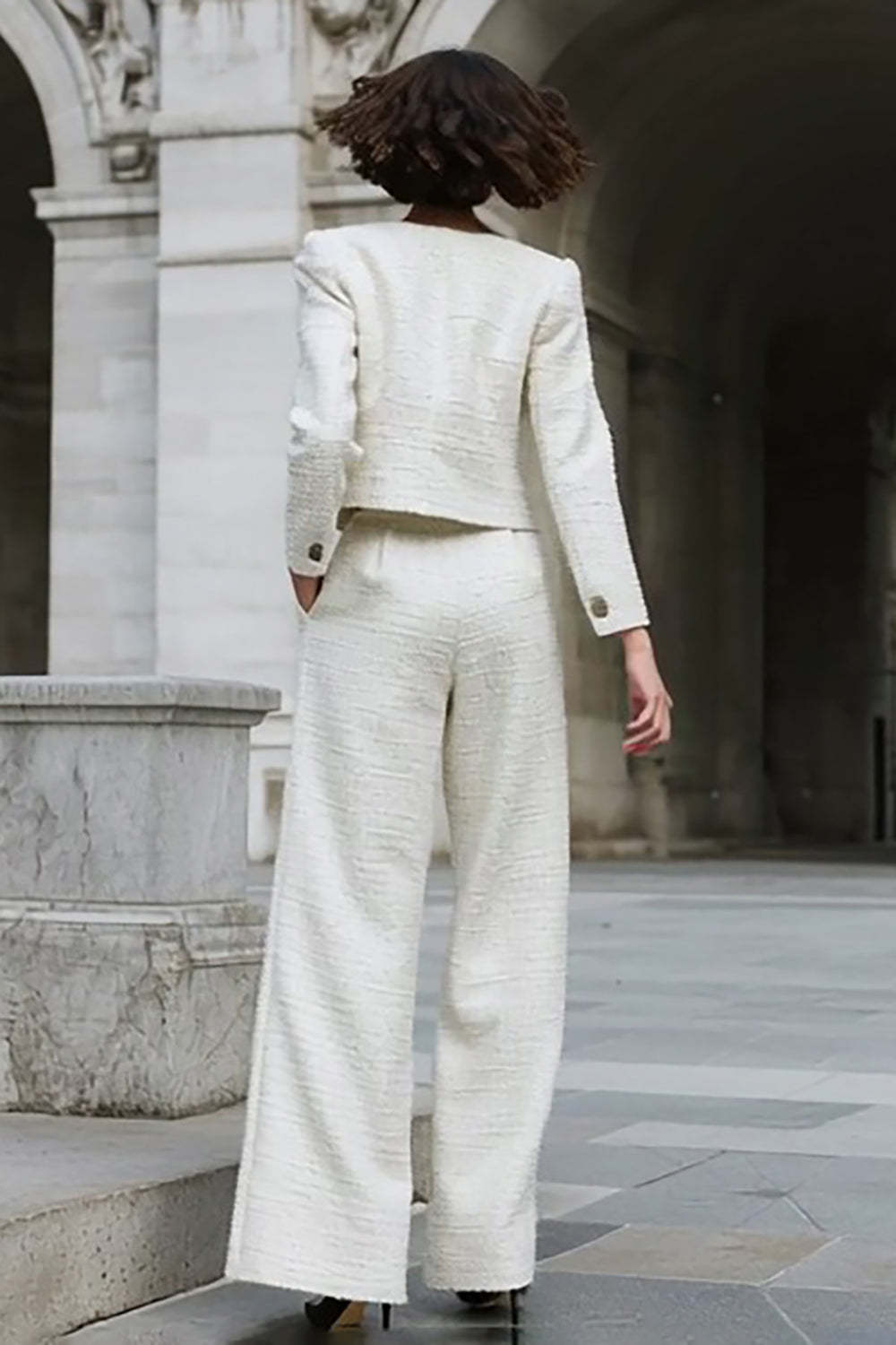 Ivory Long Sleeves 2 Piece Tweed Outfits with Pockets