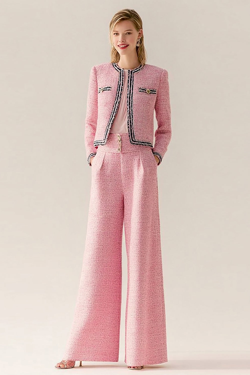 Pink Black Wide Leg 2 Piece Tweed Outfits with Pockets