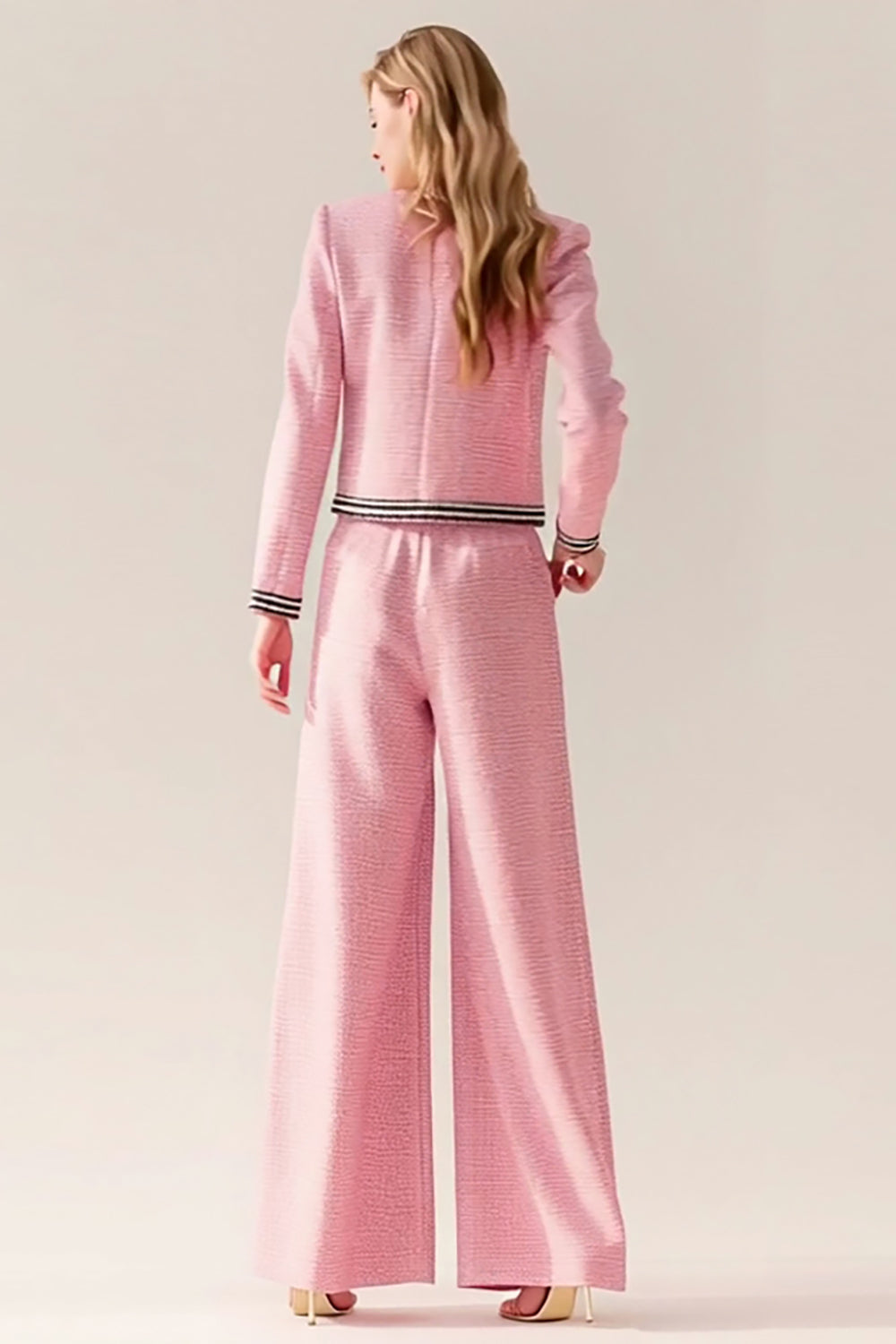 Pink Black Wide Leg 2 Piece Tweed Outfits with Pockets
