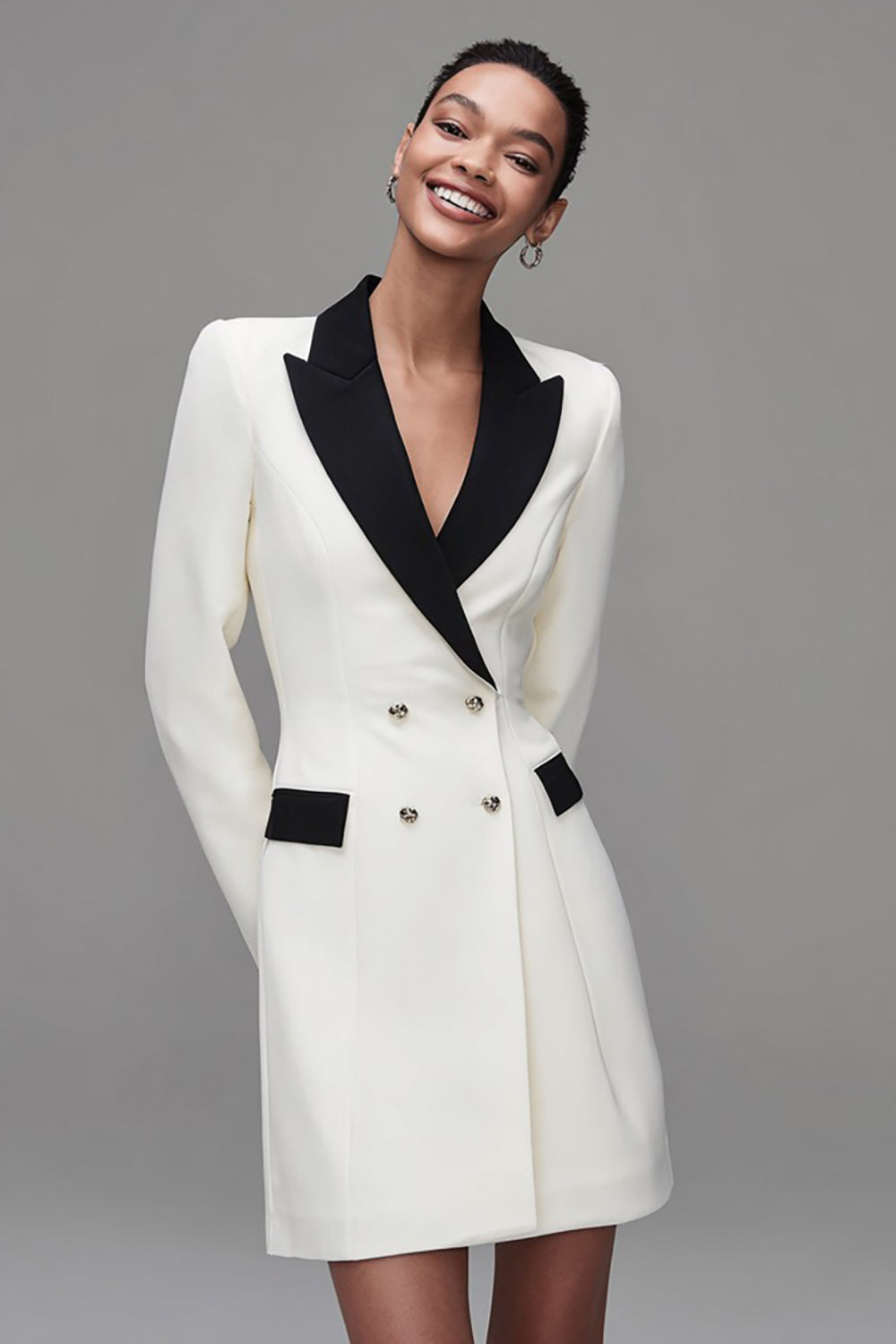 Leely Women Ivory Black Peak Lapel Pencil Short Blazer Dress with Sleeves Double Breasted Long Sleeves Coat Dress