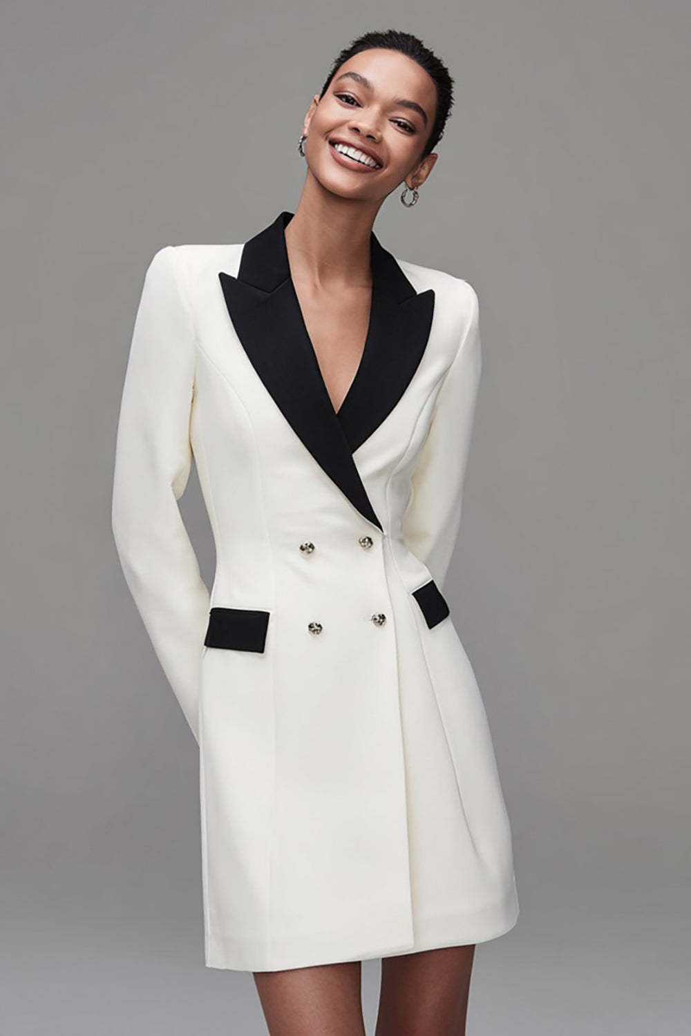 Leely Women Ivory Black Peak Lapel Pencil Short Blazer Dress with Sleeves Double Breasted Long Sleeves Coat Dress