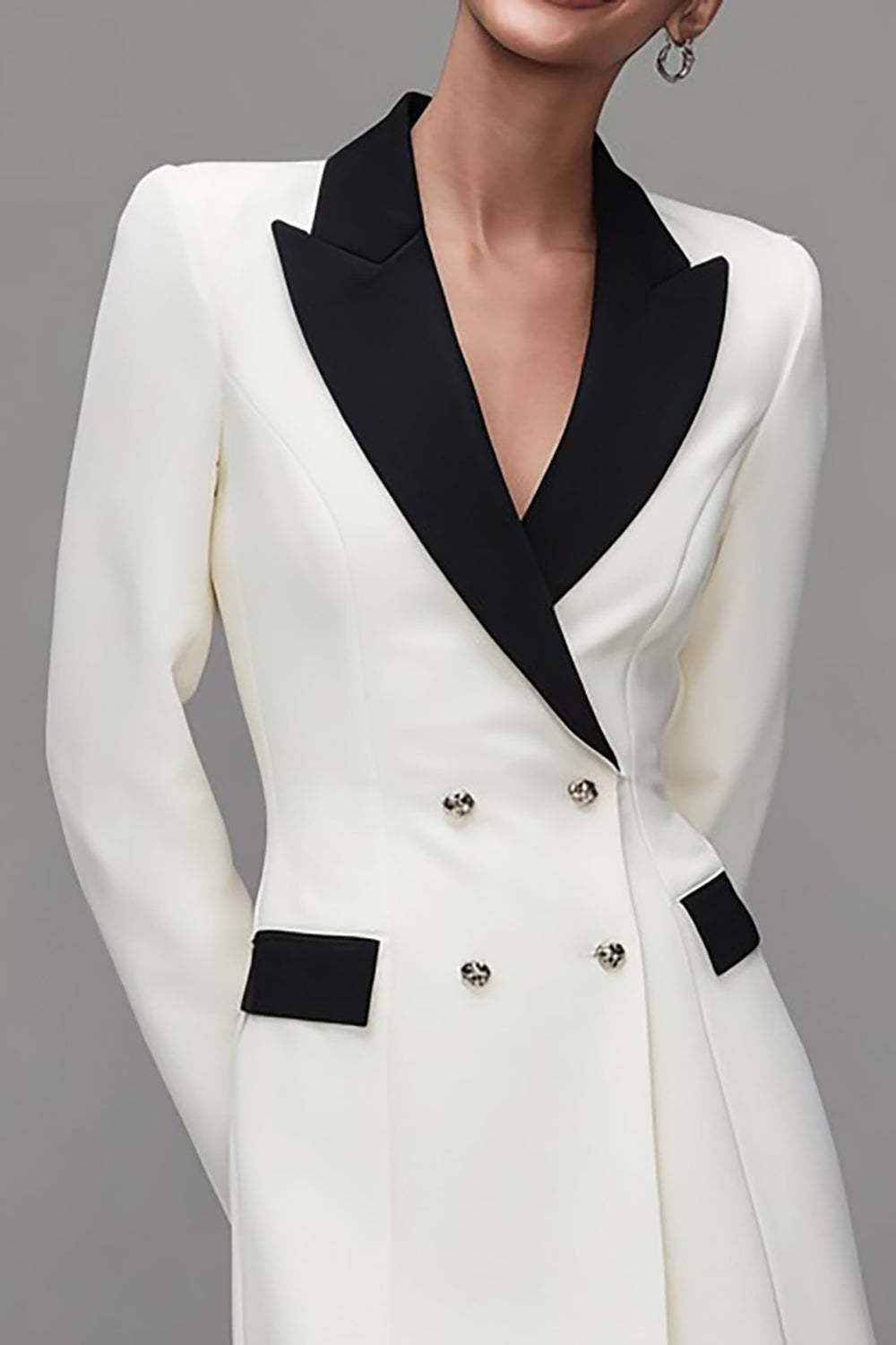 Ivory Double Breasted Peak Lapel Short Blazer Dress with Sleeves