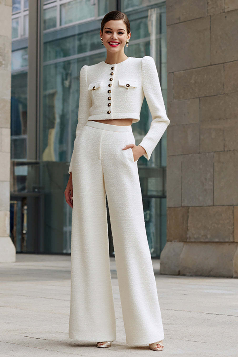 Leely Women Ivory 2 Piece Tweed Women Suits with Pockets Single Breasted Round Neck Date Night Outfits