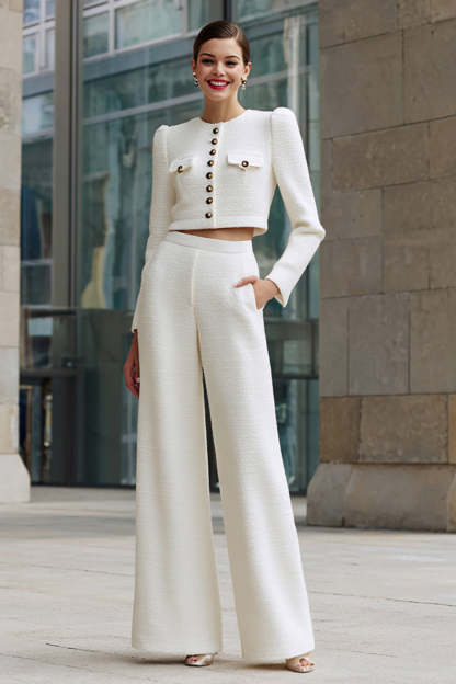 Leely Women Ivory 2 Piece Tweed Women Suits with Pockets Single Breasted Round Neck Date Night Outfits