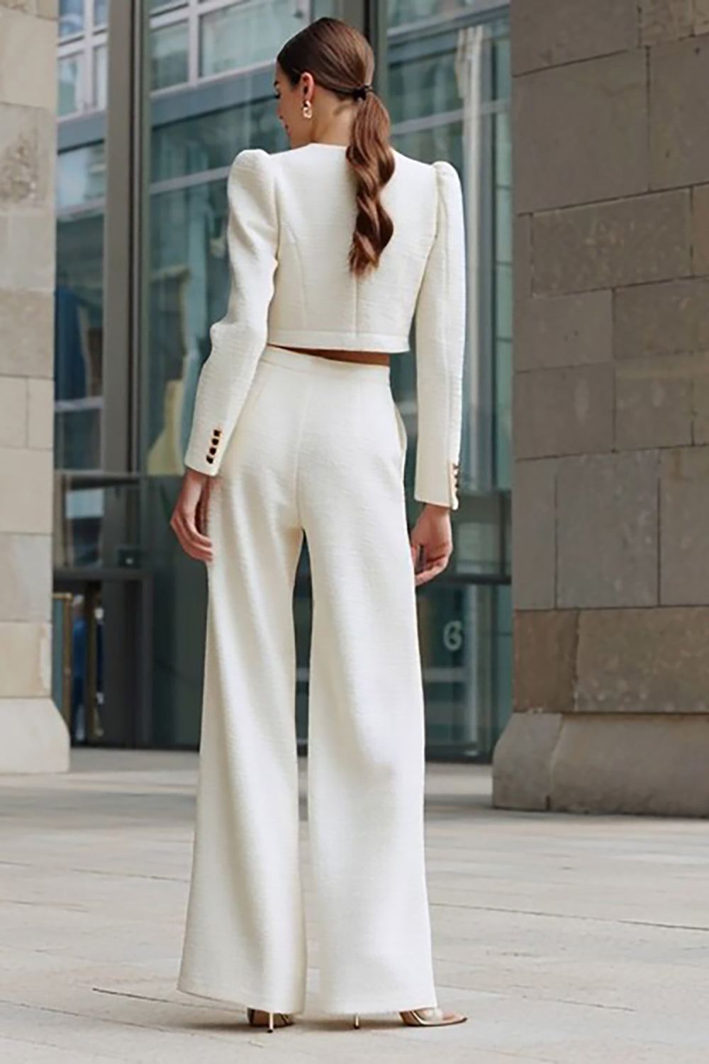 Ivory 2 Piece Single Breasted Tweed Outfits with Pockets