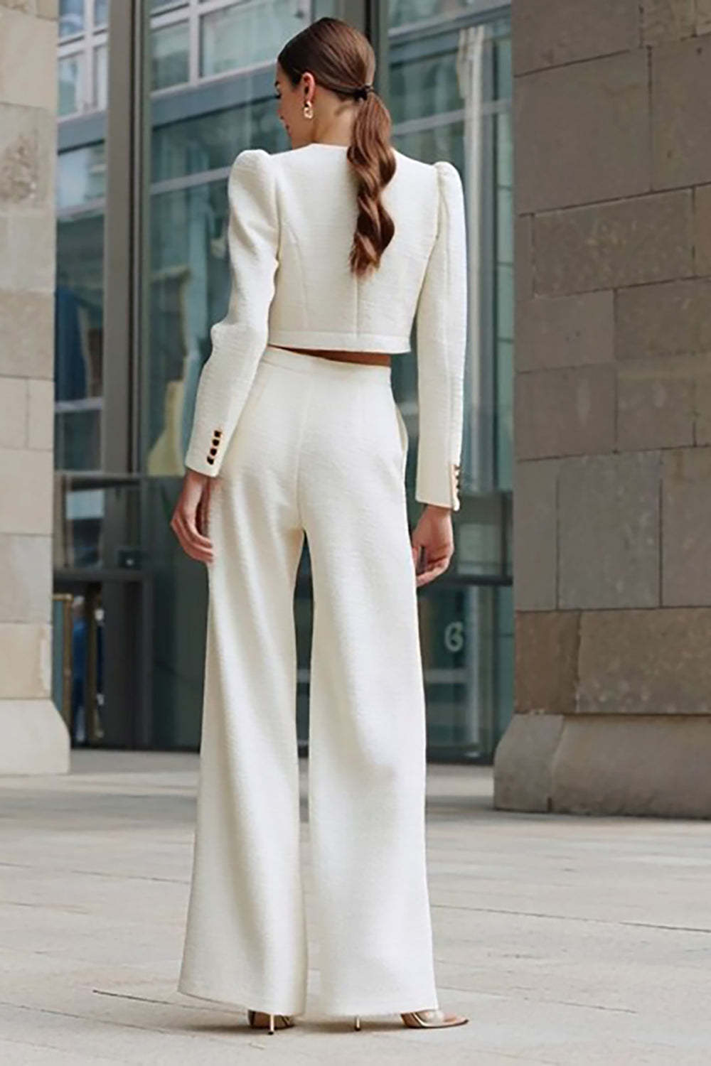 Ivory 2 Piece Single Breasted Tweed Outfits with Pockets