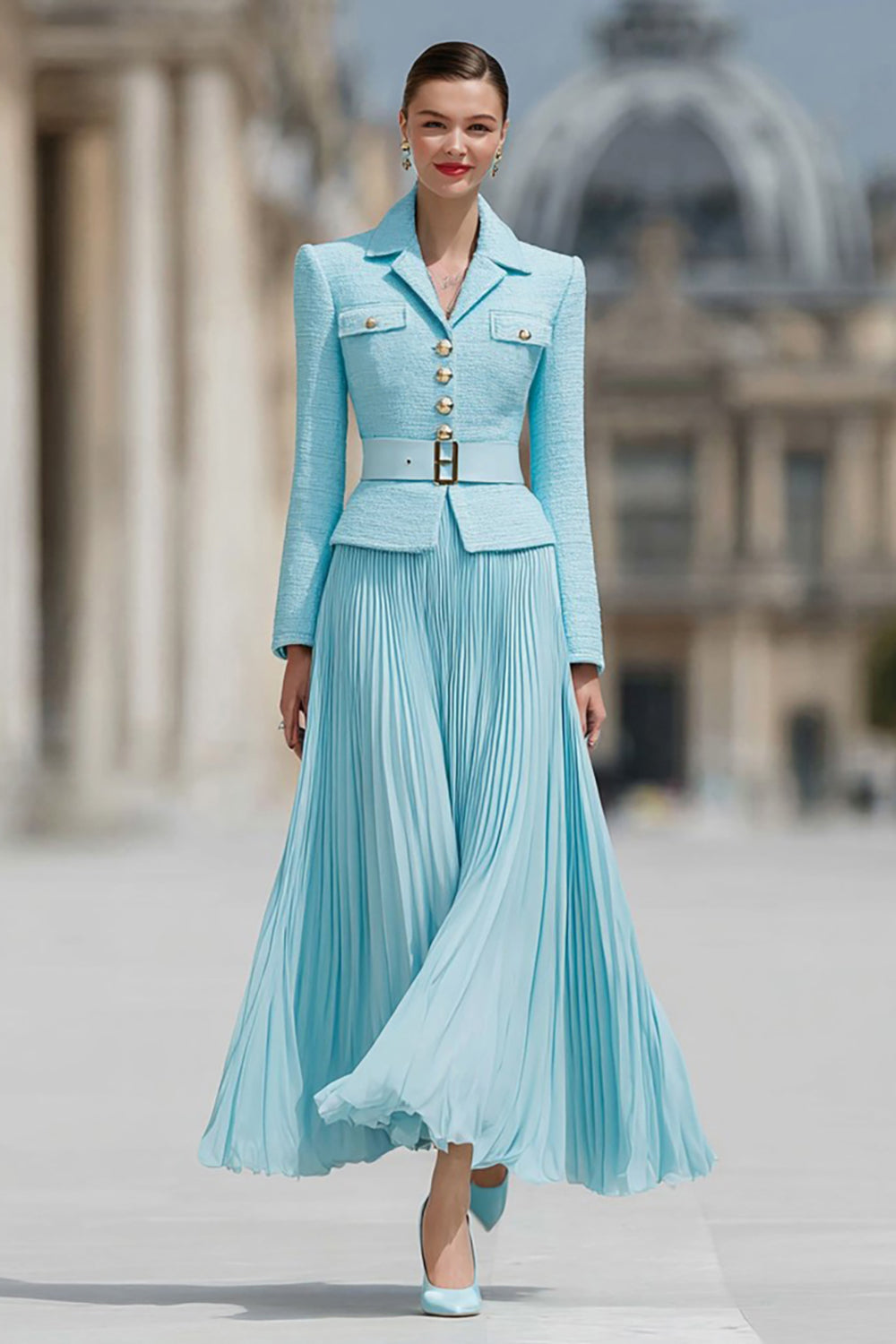 Light Blue Two Piece Notched Lapel A Line Business Suits with Belt
