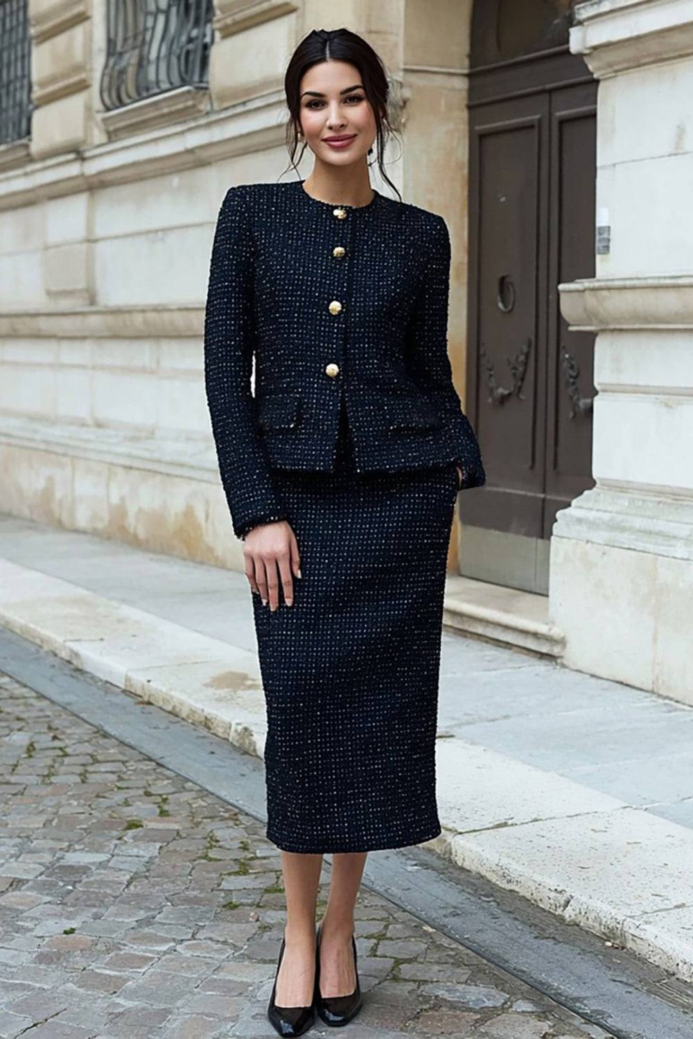 Black 2 Piece Single Breasted Tweed Outfits with Slit