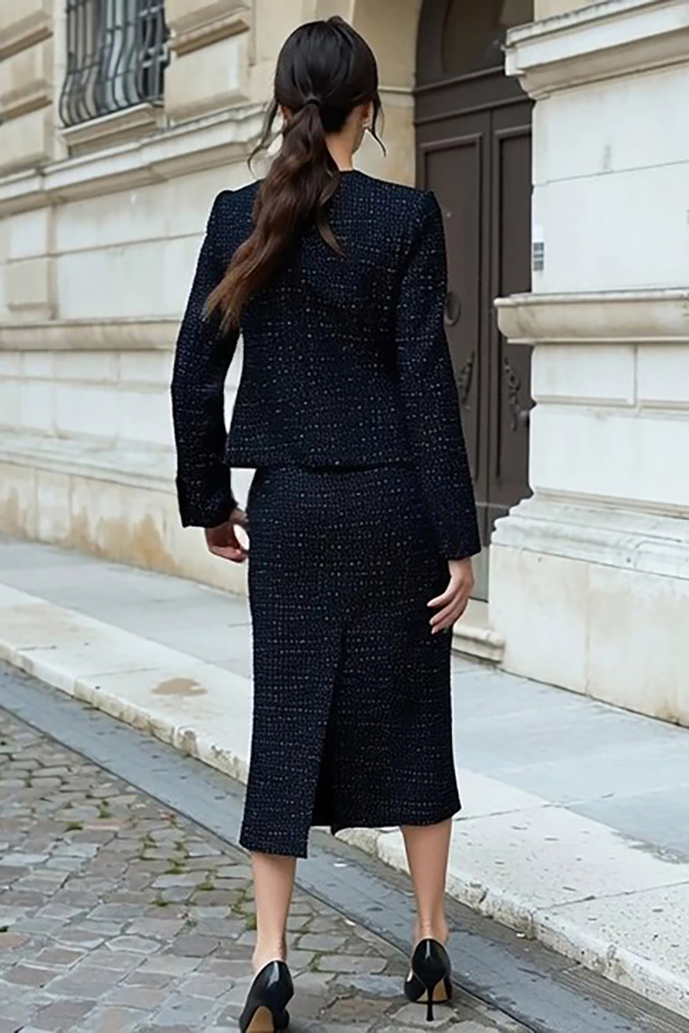 Black 2 Piece Single Breasted Tweed Outfits with Slit