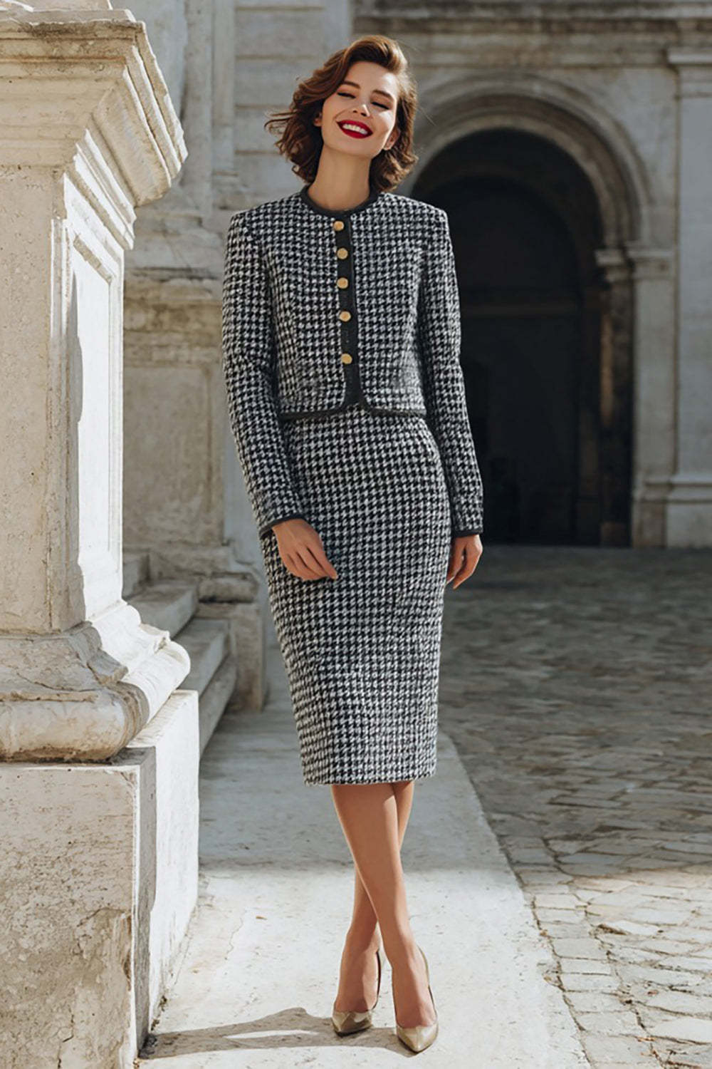 Leely Women Grey Pencil Single Breasted Midi Tweed Outfits 2 Piece Round Neck Business Suits with Slit