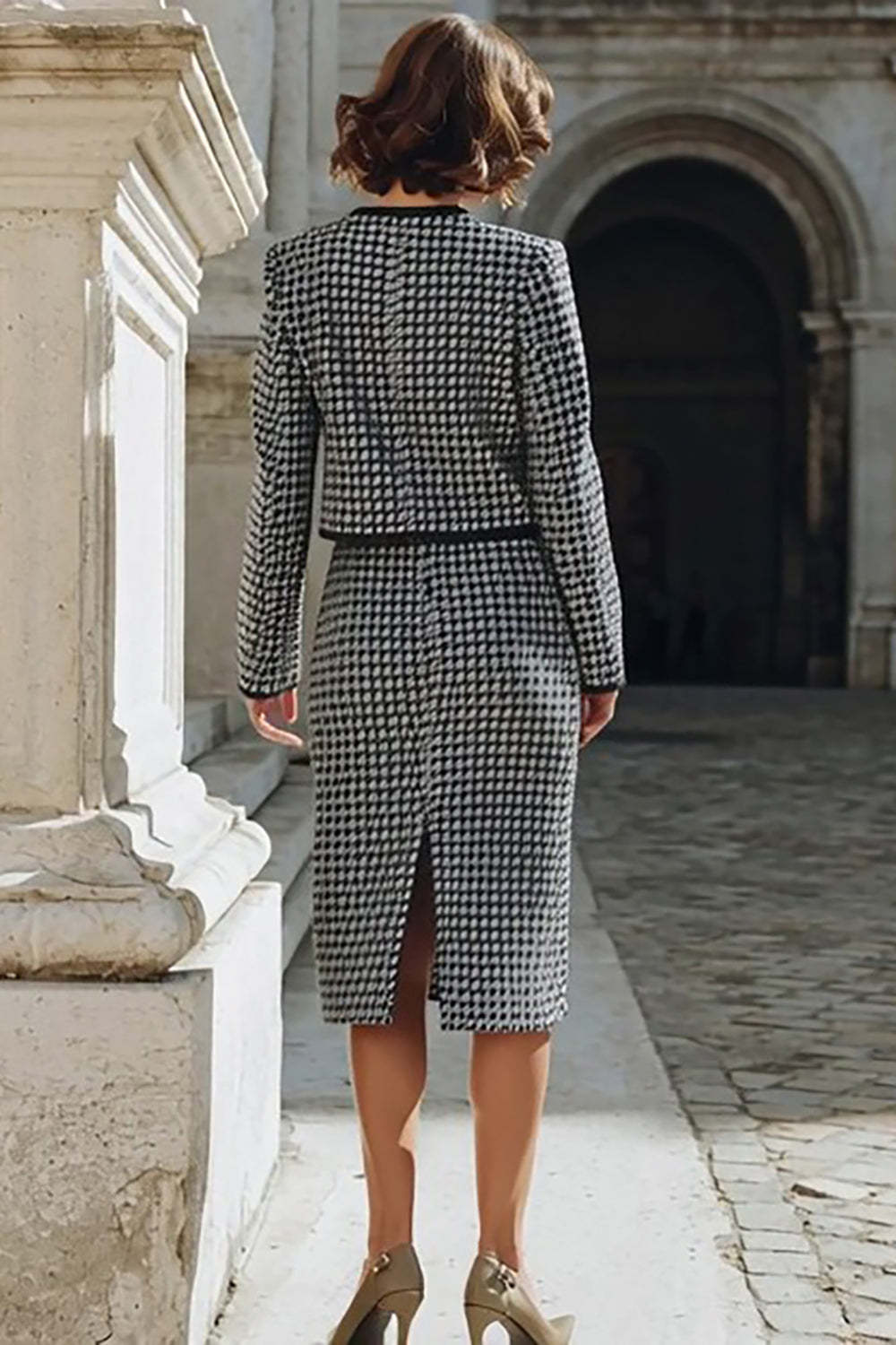 Grey Single Breasted 2 Piece Pencil Midi Tweed Outfits