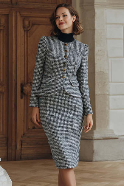 Leely Women Grey 2 Piece Single Breasted Tweed Outfits Pencil Round Neck Midi Business Suits with Slit