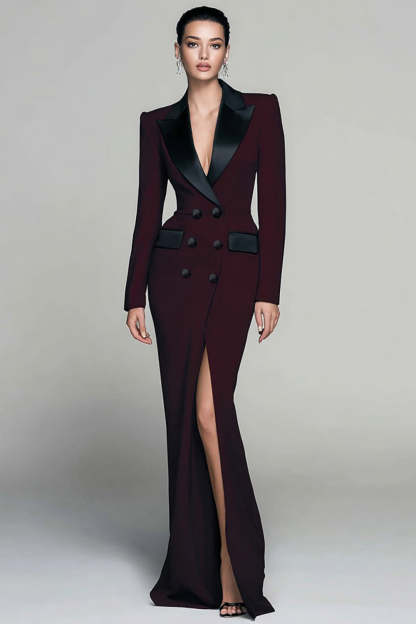 Leely Women Burgundy Peak Lapel Blazer Dress with Slit Double Breasted Long Sleeves Work Dress