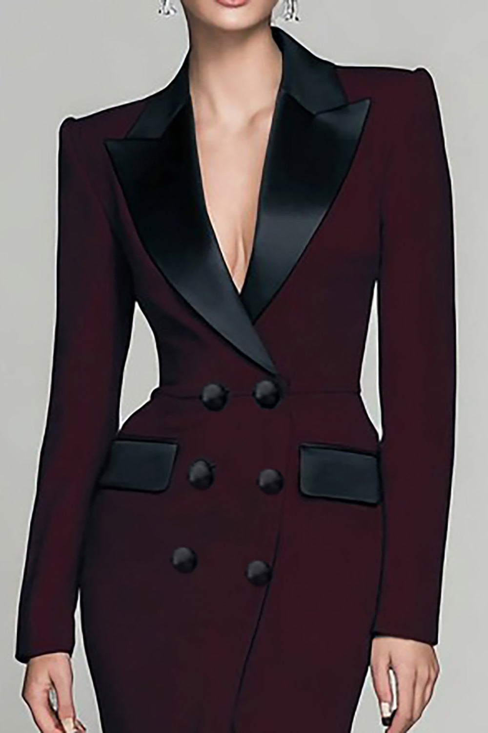 Burgundy Double Breasted Peak Lapel Long Blazer Dress with Slit