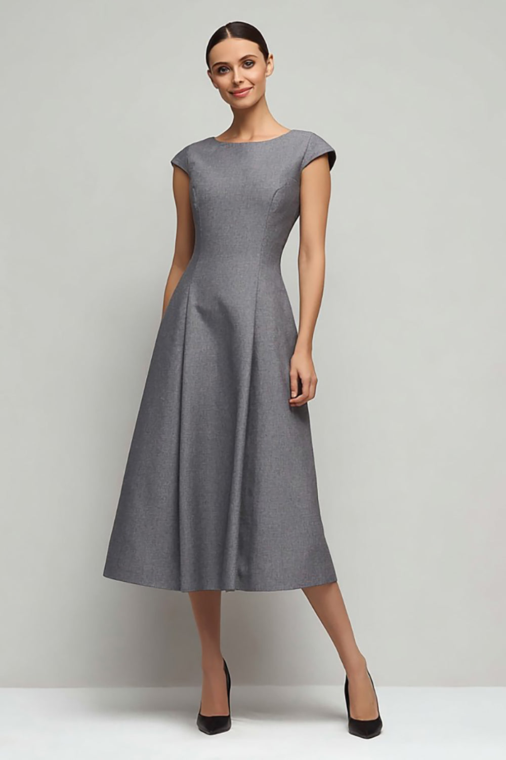 Leely Women Simple Grey Midi Work Dress Boat Neck A Line Business Dress with Sleeves