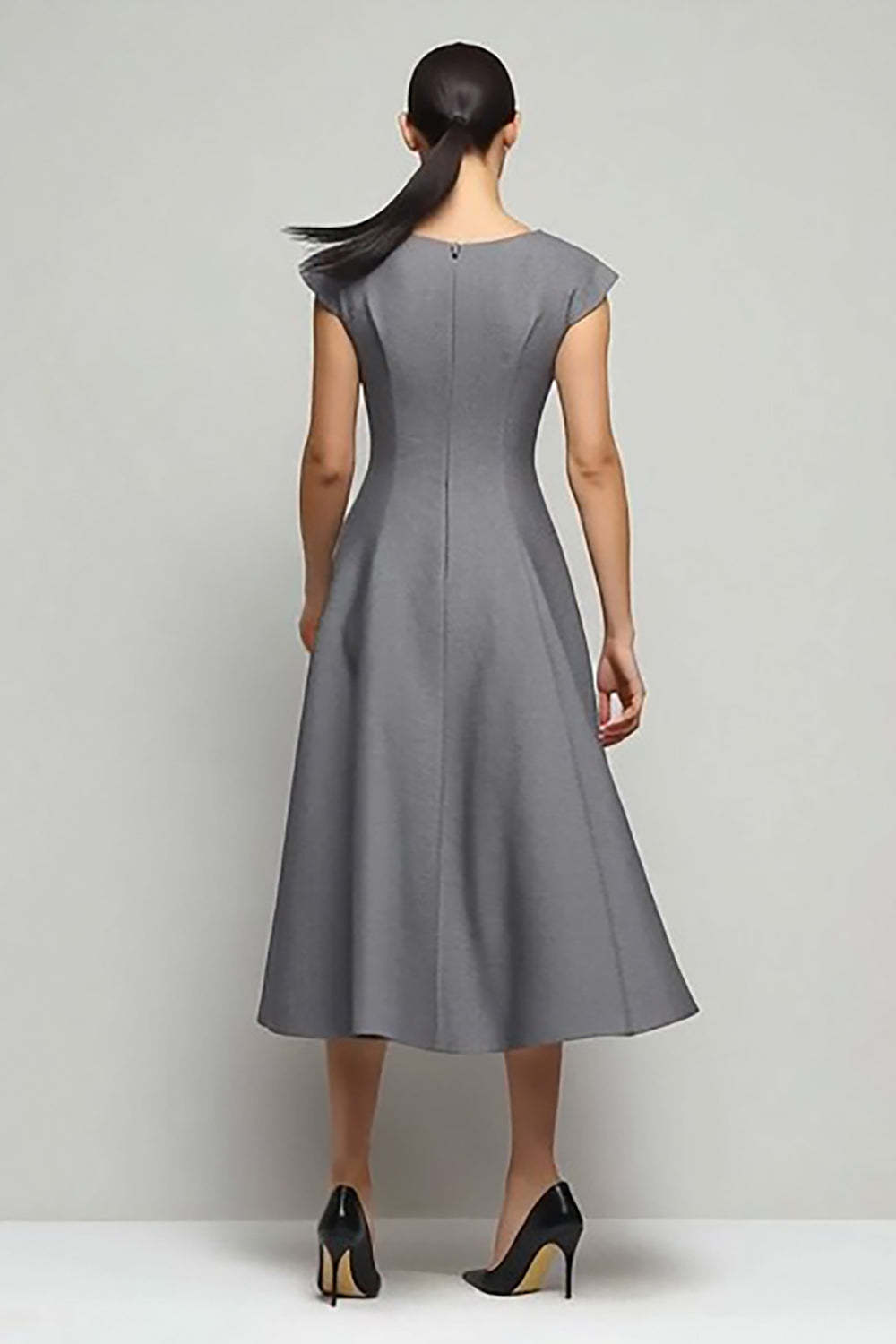 Simple Grey A Line Boat Neck Midi Work Dress with Sleeves