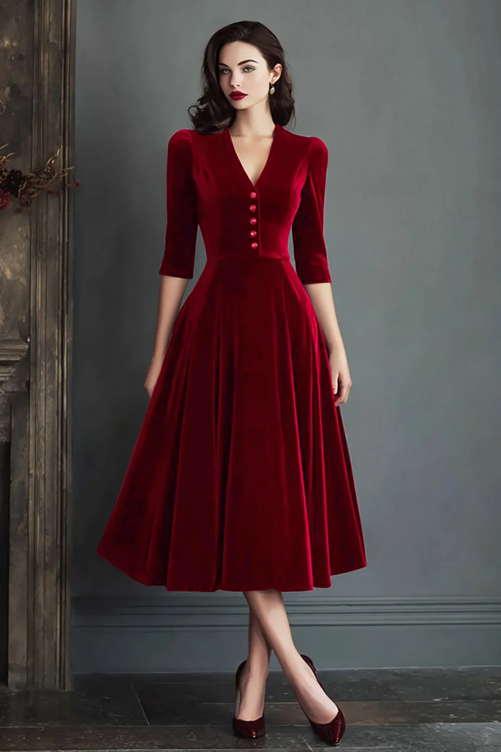 Burgundy A Line V-Neck Midi Velvet Holiday Party Dress
