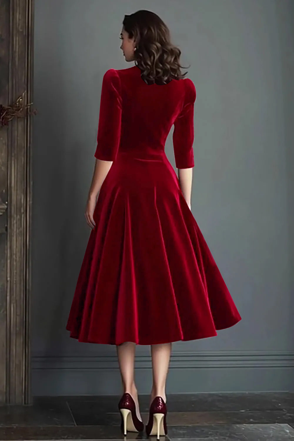 Burgundy A Line V-Neck Midi Velvet Holiday Party Dress