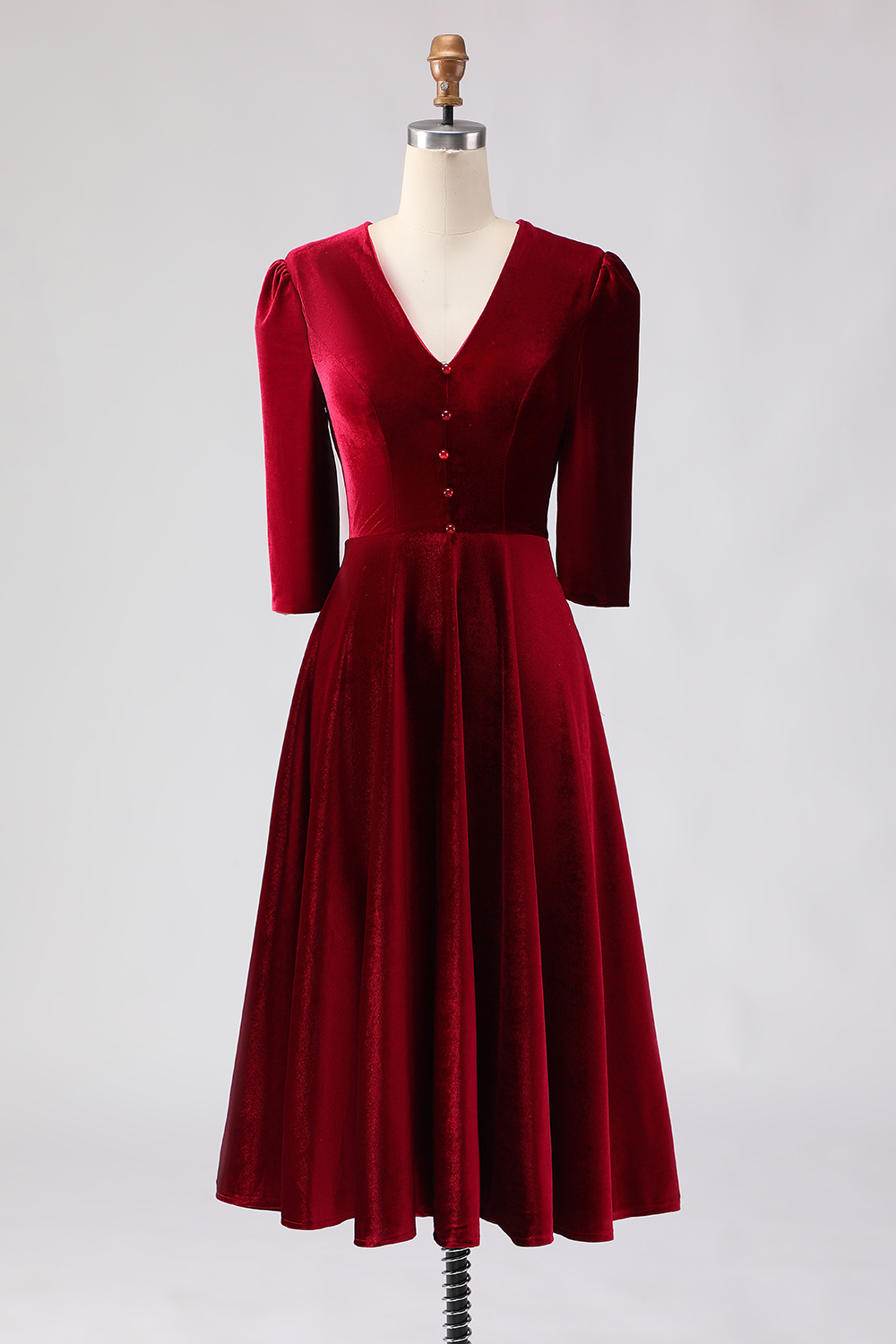 Burgundy A Line V-Neck Midi Velvet Holiday Party Dress