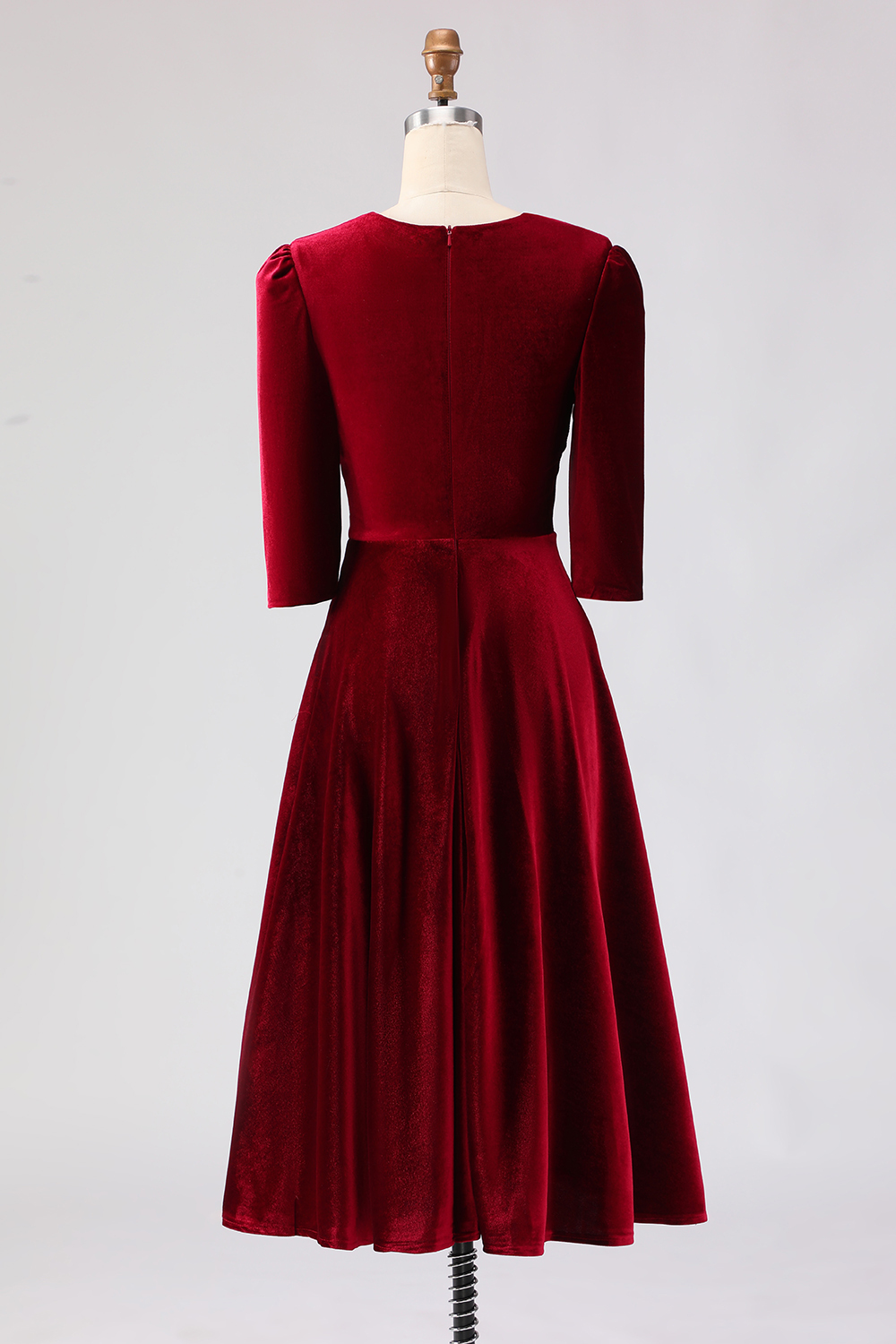 Burgundy A Line V-Neck Midi Velvet Holiday Party Dress