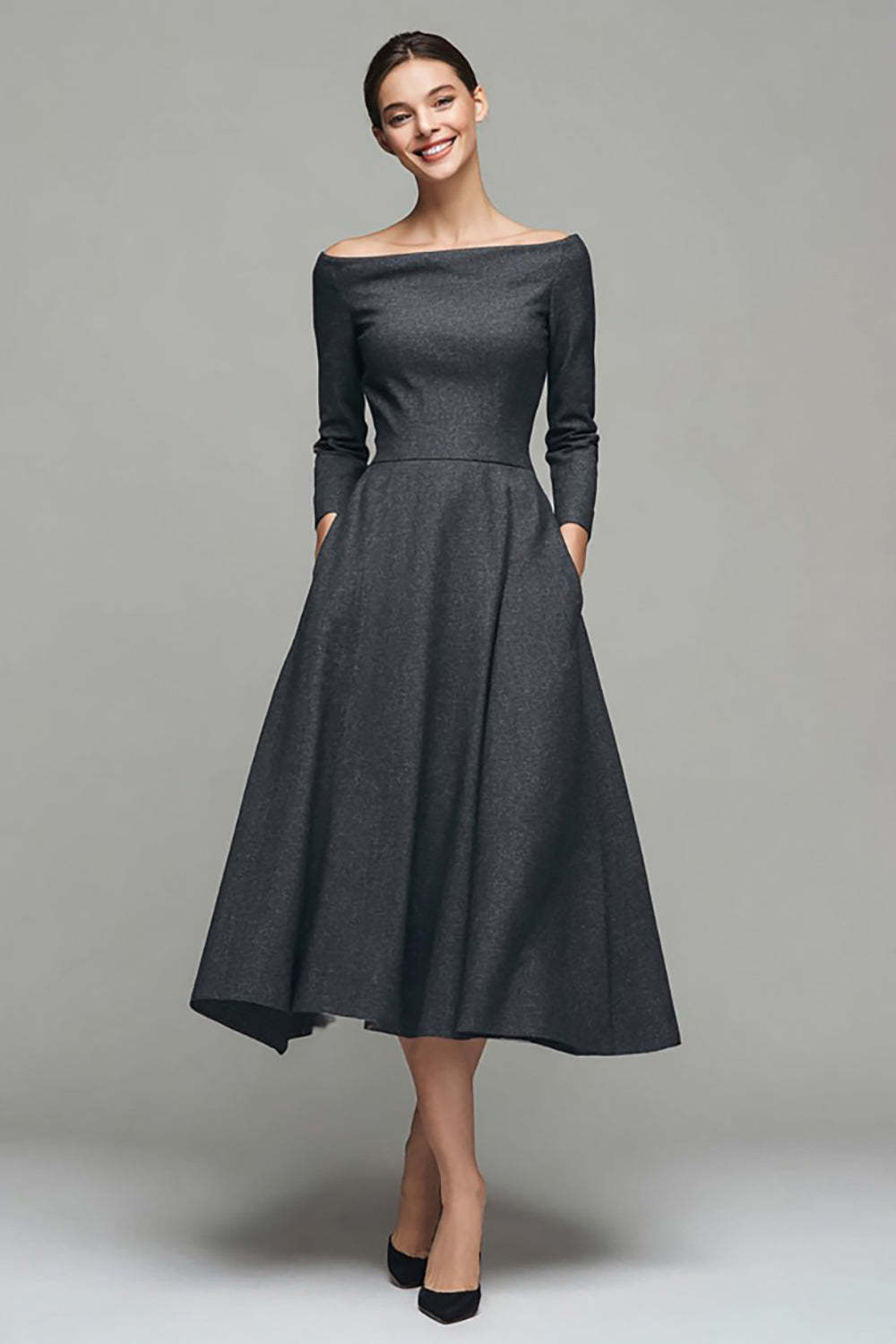 Leely Women Dark Grey Midi A Line Work Dress with Sleeves Off the Shoulder Business Dress with Pockets