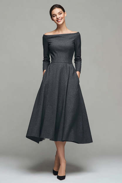 Leely Women Dark Grey Midi A Line Work Dress with Sleeves Off the Shoulder Business Dress with Pockets