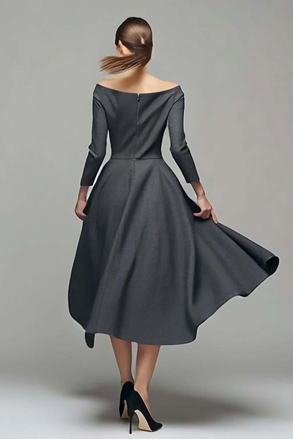 Dark Grey Off the Shoulder A Line Midi Work Dress with Sleeves