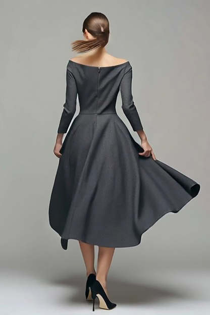 Dark Grey Off the Shoulder A Line Midi Work Dress with Sleeves
