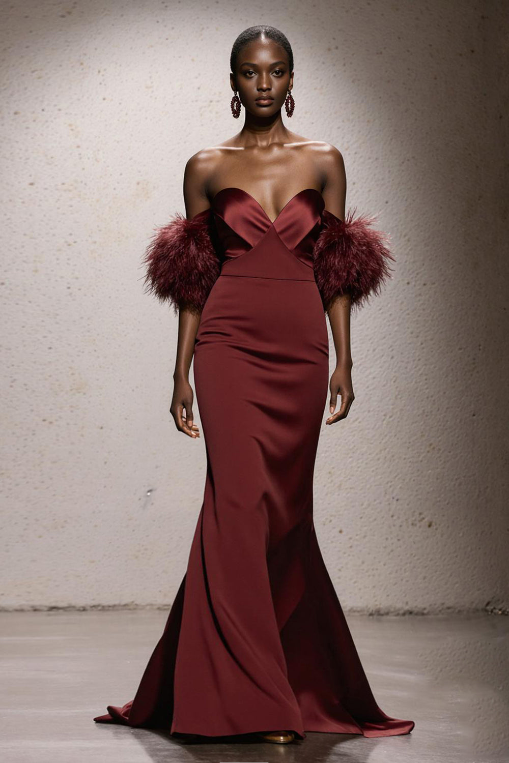 Leely Women Burgundy Mermaid Long Gala Dress with Feathers Satin Sweetheart Formal Dress