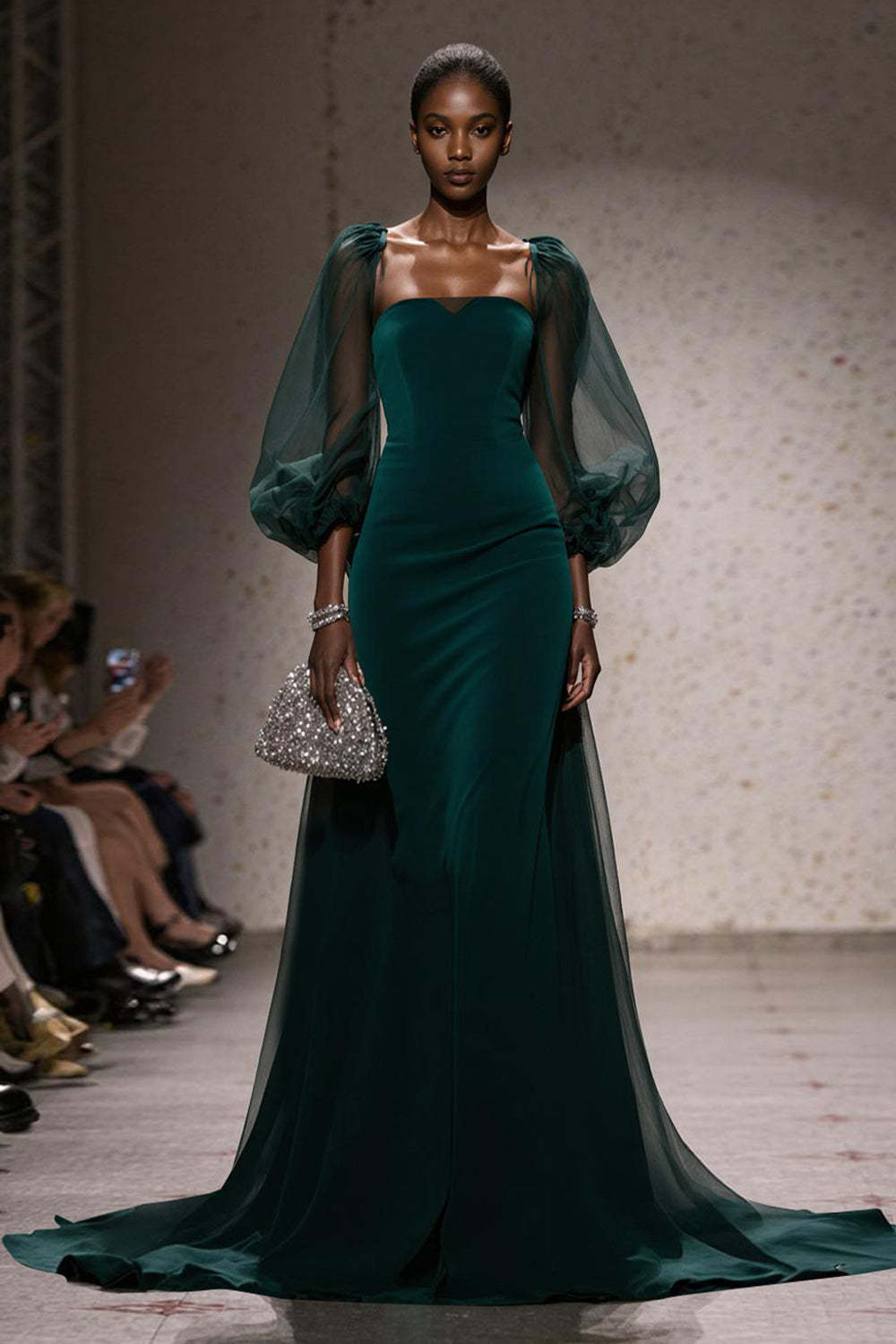 Leely Women Dark Green Mermaid Maxi Gala Dress with Sleeves Square Neck Holiday Party Dress