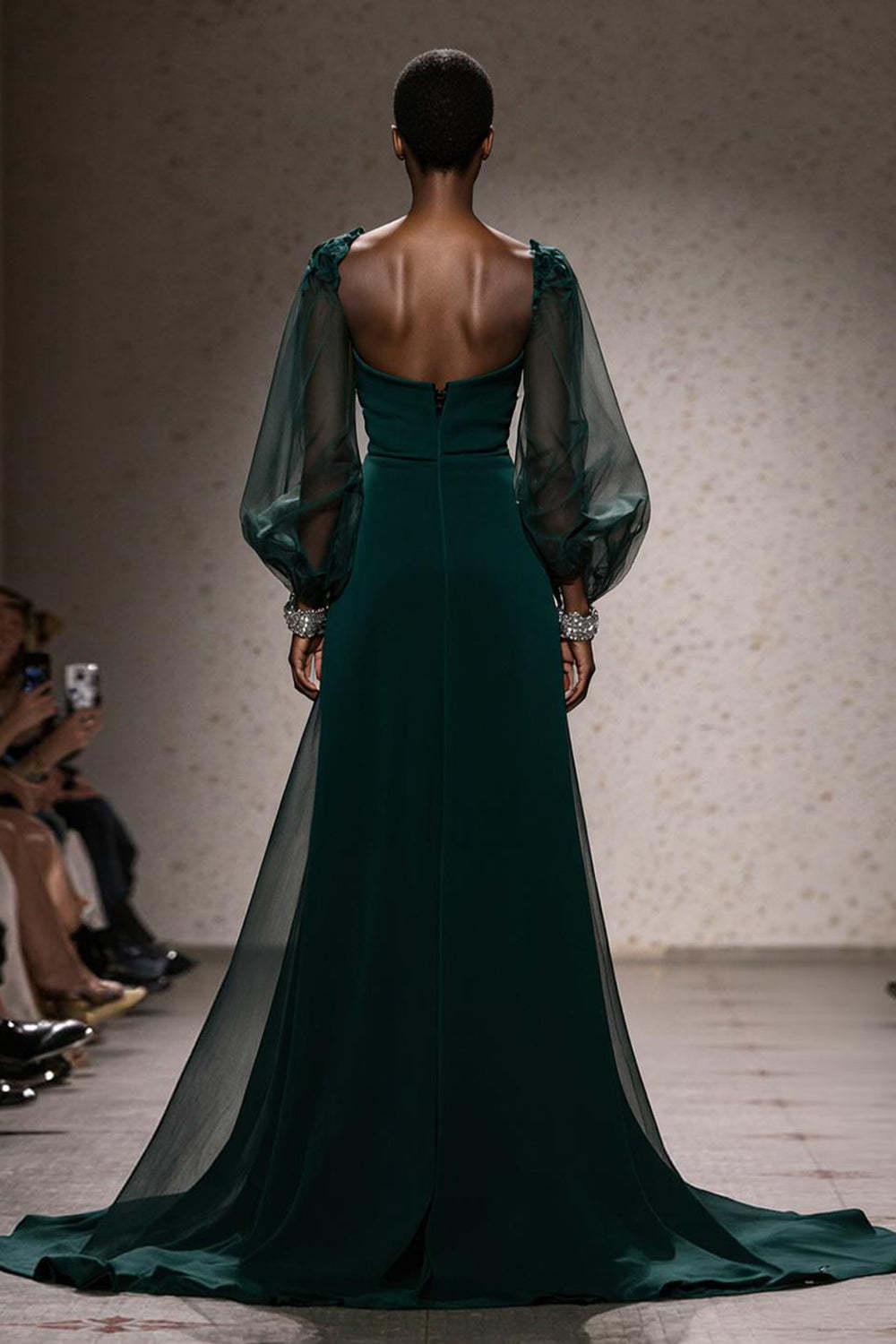 Dark Green Square Neck Mermaid Maxi Gala Dress with Sleeves