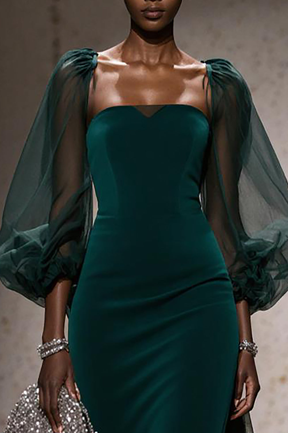 Dark Green Square Neck Mermaid Maxi Gala Dress with Sleeves