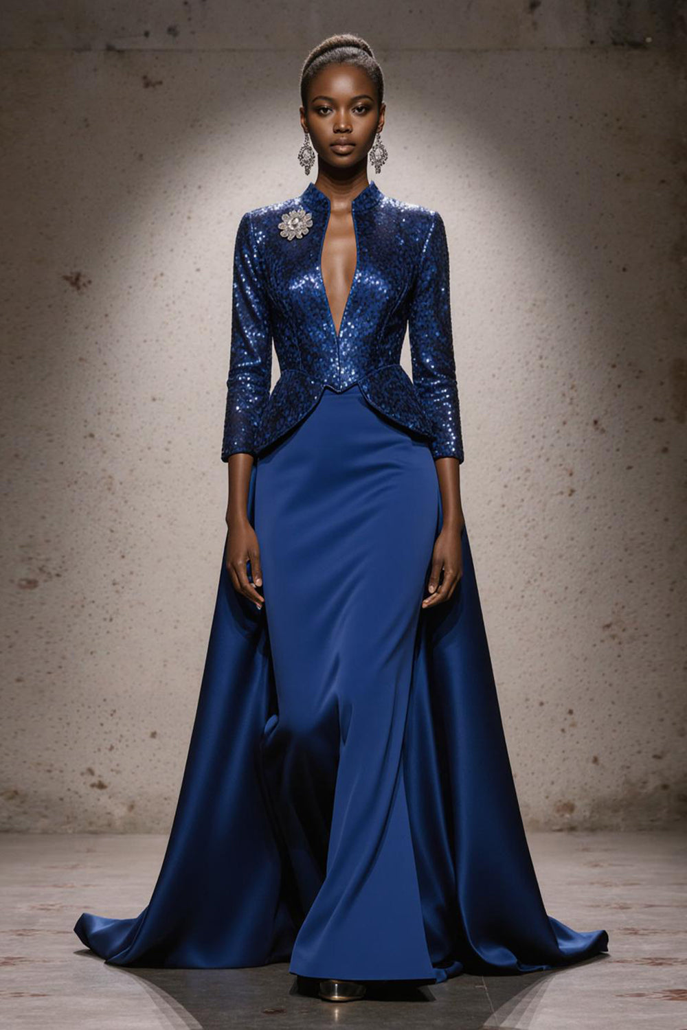 Leely Women Sparkly Royal Blue Mermaid Long Sequin Evening Dress with Cape High Neck Satin Gala Dress with Sleeves