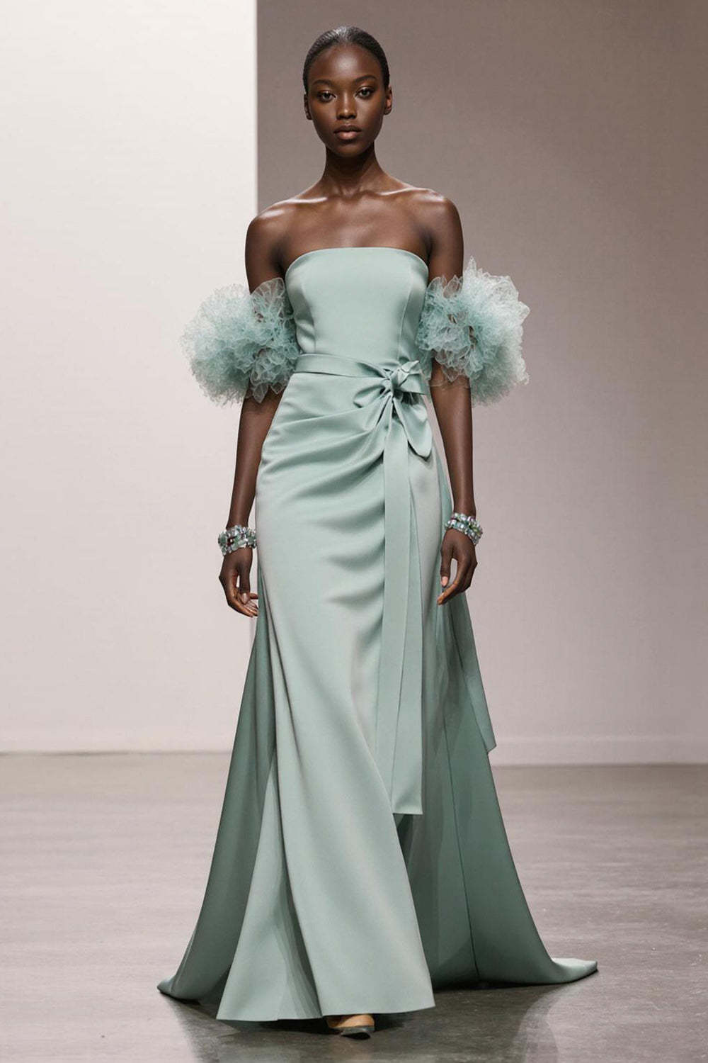 Leely Women Mint Green Mermaid Maxi Formal Dress Strapless Satin Wedding Guest Dress