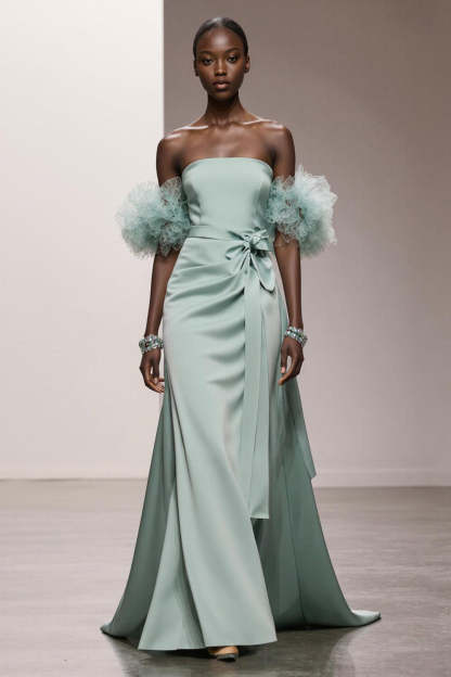 Leely Women Mint Green Mermaid Maxi Formal Dress Strapless Satin Wedding Guest Dress